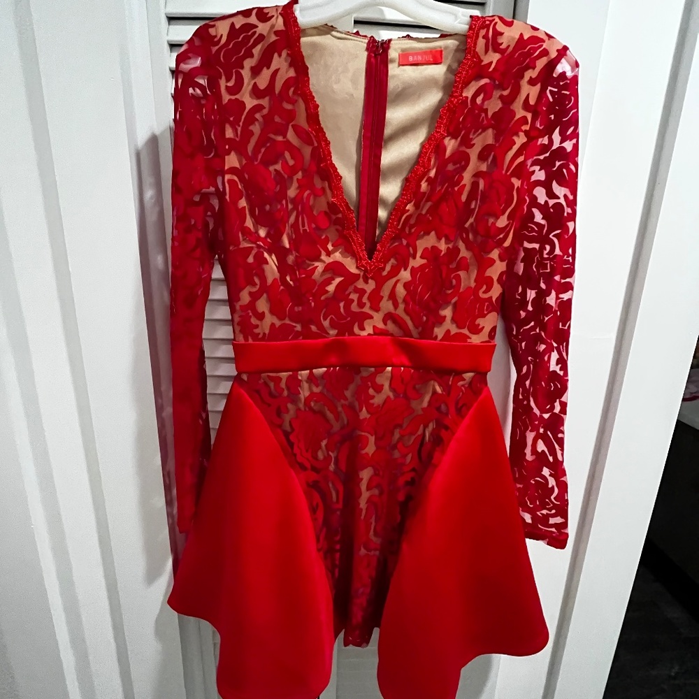 NWOT Low Cut  Red Lace Long Sleeve Dress With Nude Lining HOT HOT HOT - Picture 2 of 16
